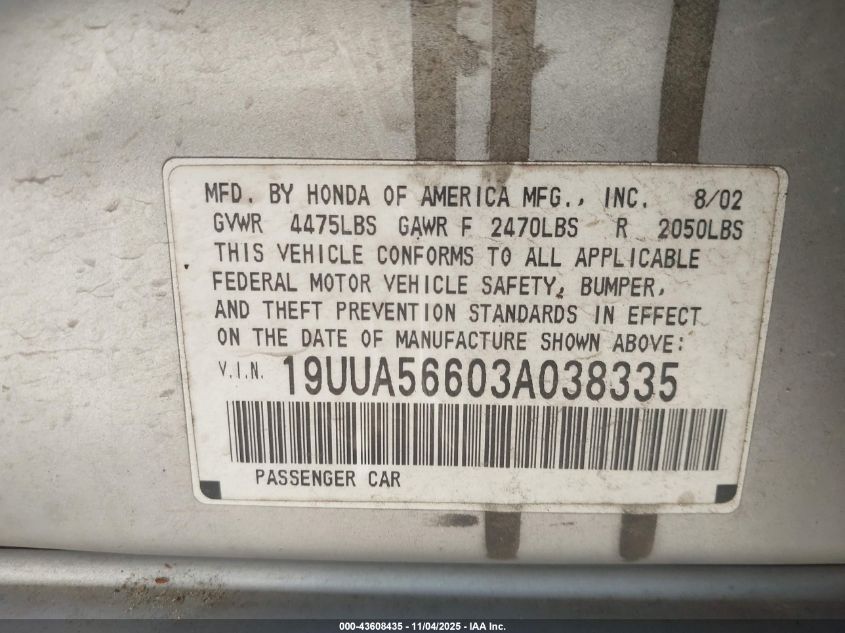 2003 Acura Tl 3.2 VIN: 19UUA56603A038335 Lot: 43608435