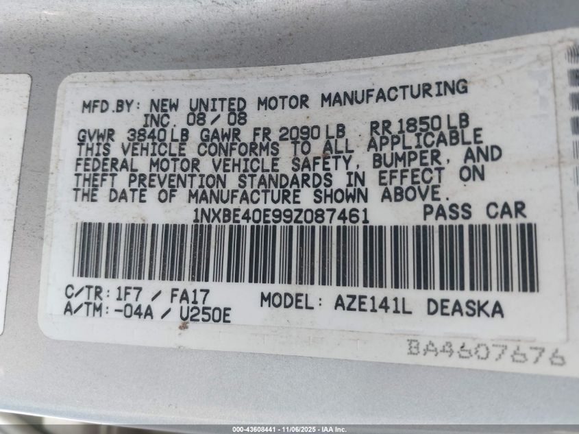 2009 Toyota Corolla Xrs VIN: 1NXBE40E99Z087461 Lot: 43608441