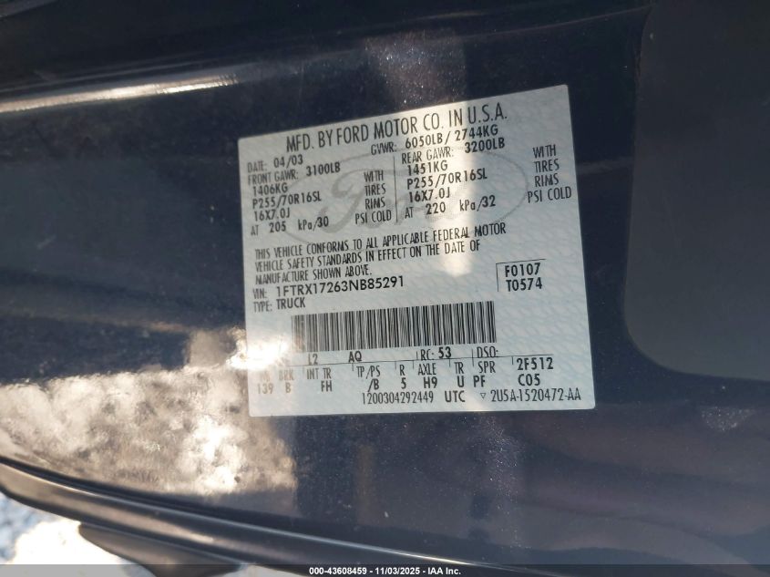 2003 Ford F-150 Xl/Xlt VIN: 1FTRX17263NB85291 Lot: 43608459
