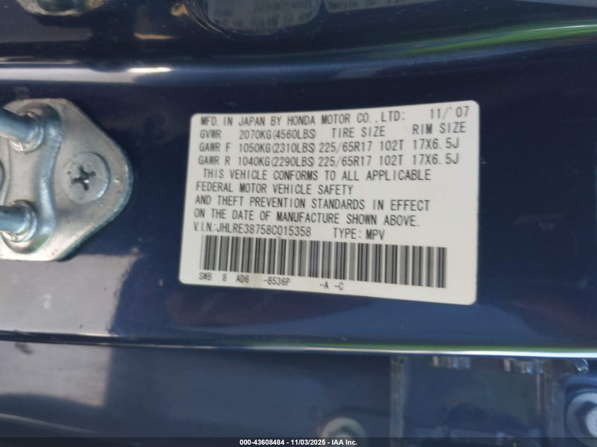 JHLRE38758C015358 2008 HONDA CR-V photo no. 8
