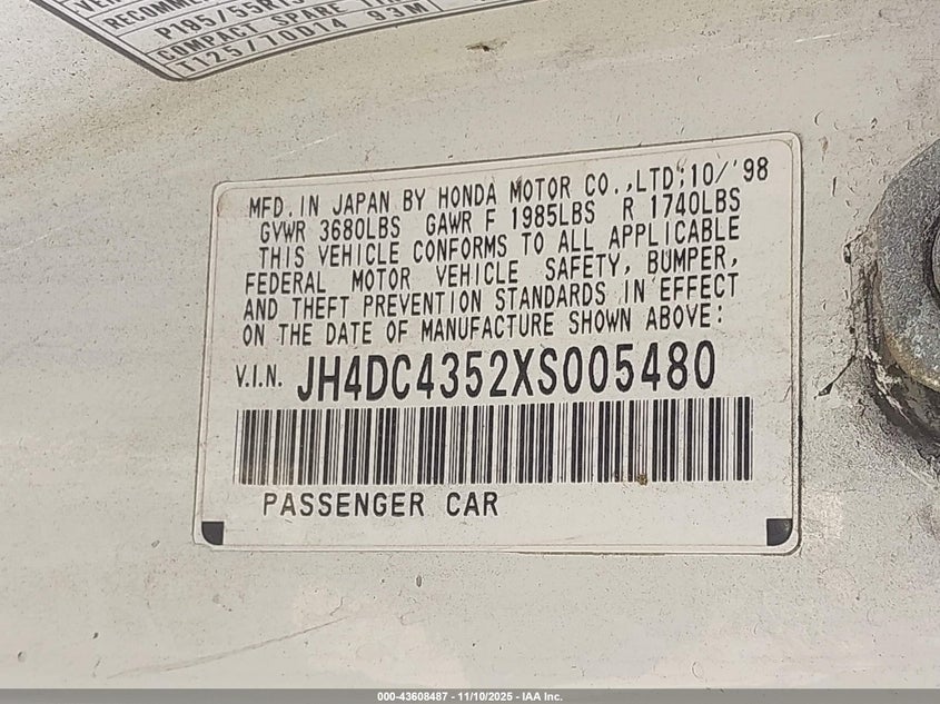 1999 Acura Integra Ls VIN: JH4DC4352XS005480 Lot: 43608487