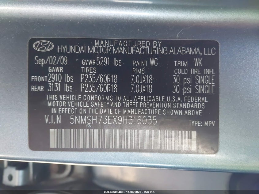2009 Hyundai Santa Fe Limited VIN: 5NMSH73EX9H316035 Lot: 43608488