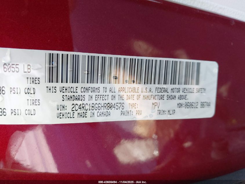 2017 Chrysler Pacifica Touring-L VIN: 2C4RC1BG6HR804576 Lot: 43608494