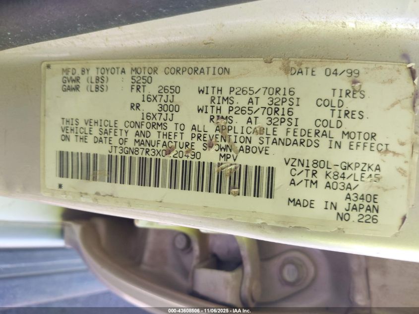 1999 Toyota 4Runner Limited V6 VIN: JT3GN87R3X0120490 Lot: 43608506