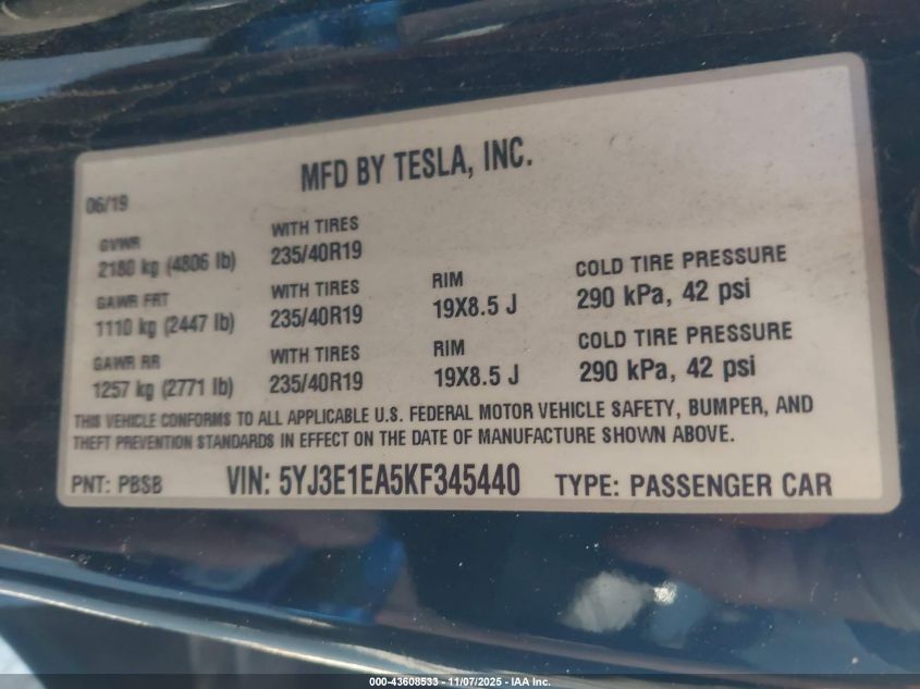 2019 Tesla Model 3 Long Range/Mid Range/Standard Range/Standard Range Plus VIN: 5YJ3E1EA5KF345440 Lot: 43608533