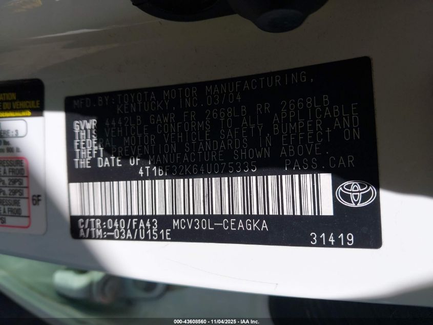 2004 Toyota Camry Xle V6 VIN: 4T1BF32K64U075335 Lot: 43608560