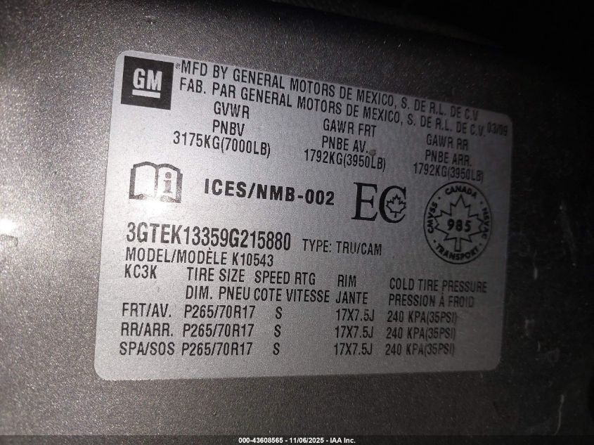 2009 GMC Sierra 1500 Work Truck VIN: 3GTEK13359G215880 Lot: 43608565