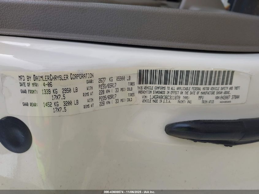 2006 Jeep Grand Cherokee Laredo VIN: 1J4GR48K36C311070 Lot: 43608574