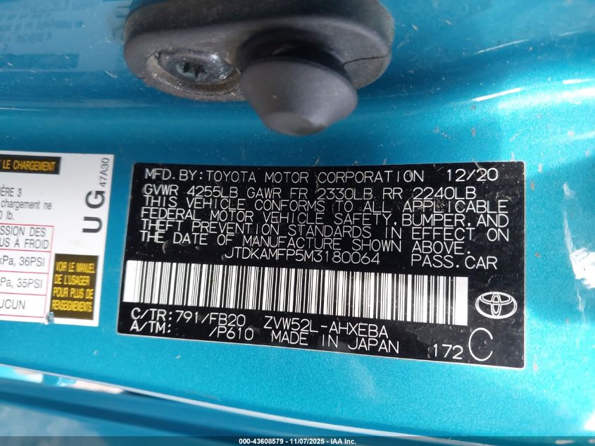 2021 TOYOTA PRIUS PRIME LE - JTDKAMFP5M3180064