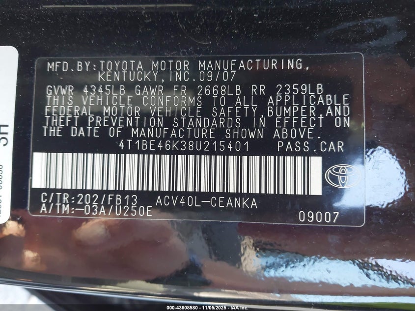 4T1BE46K38U215401 2008 TOYOTA CAMRY photo no. 9