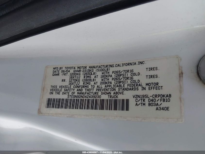 2004 Toyota Tacoma Prerunner V6 VIN: 5TESN92N04Z439230 Lot: 43608587