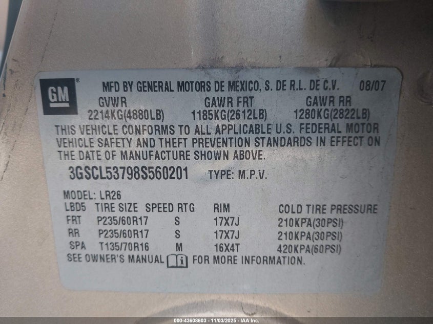 3GSCL53798S560201 2008 SATURN VUE photo no. 9