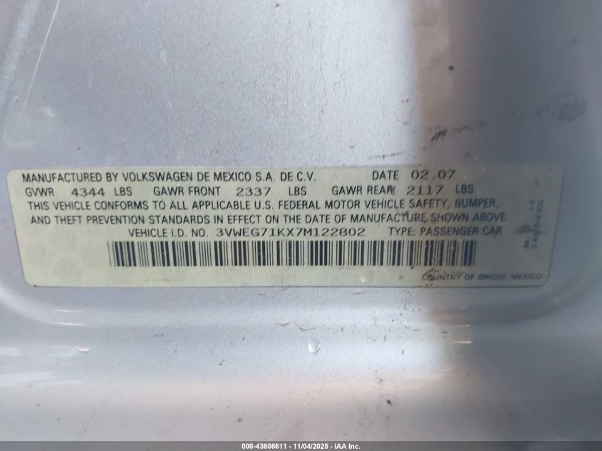 2007 Volkswagen Jetta Wolfsburg Edition VIN: 3VWEG71KX7M122802 Lot: 43608611