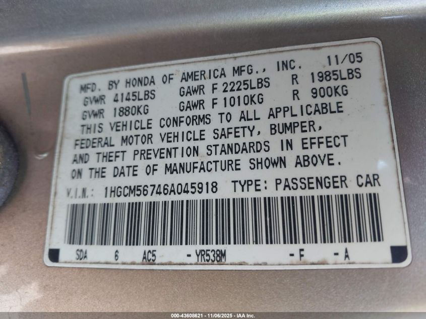 2006 Honda Accord 2.4 Ex VIN: 1HGCM56746A045918 Lot: 43608621