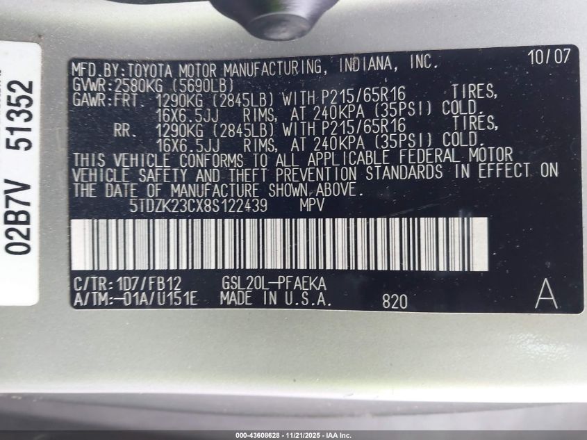 2008 Toyota Sienna Ce VIN: 5TDZK23CX8S122439 Lot: 43608628