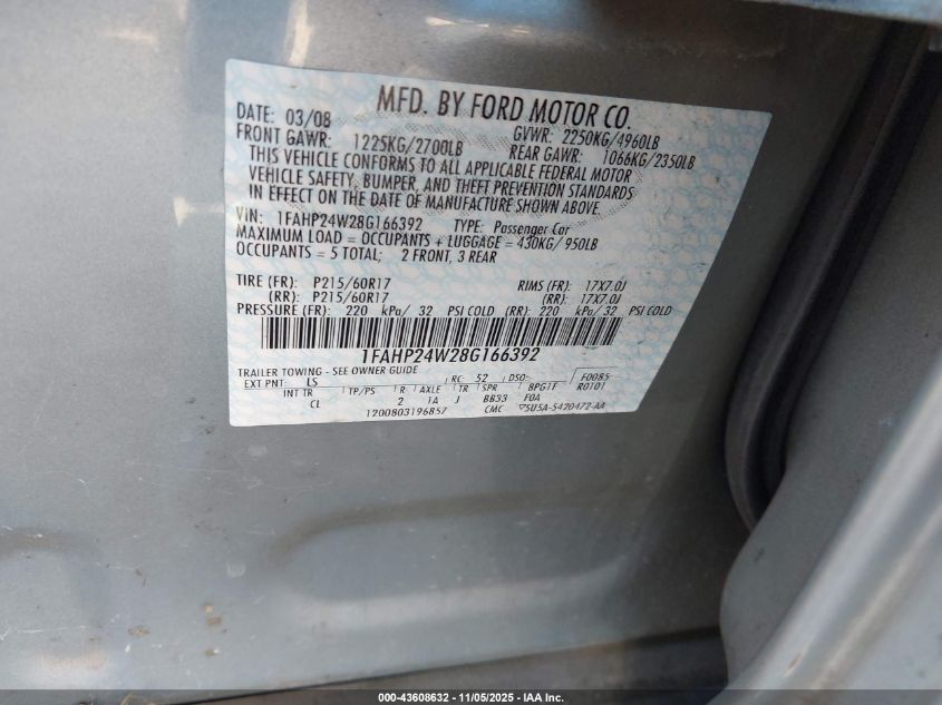 2008 Ford Taurus Sel VIN: 1FAHP24W28G166392 Lot: 43608632