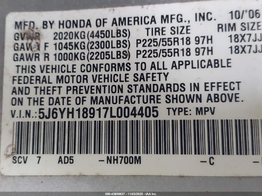 2007 Honda Element Sc VIN: 5J6YH18917L004405 Lot: 43608637