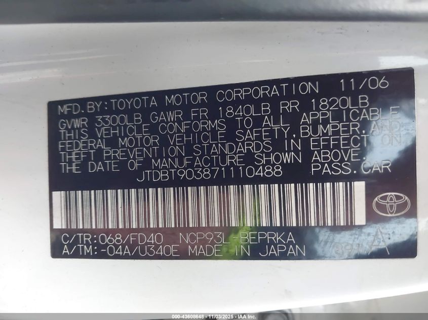 2007 Toyota Yaris VIN: JTDBT903871110488 Lot: 43608648