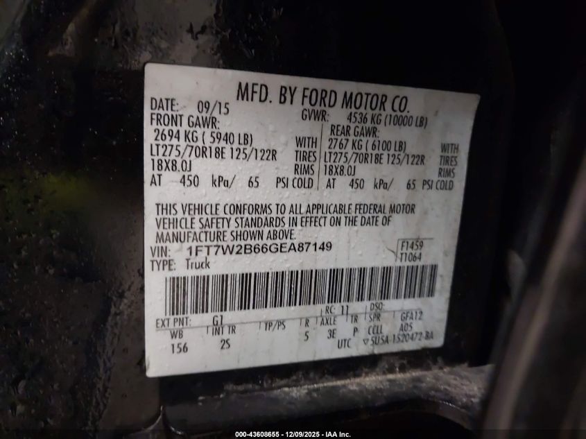 2016 Ford F-250 Xlt VIN: 1FT7W2B66GEA87149 Lot: 43608655