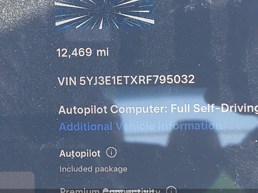 2024 Tesla Model 3 Performance All-Wheel Drive VIN: 5YJ3E1ETXRF795032 Lot: 43608697