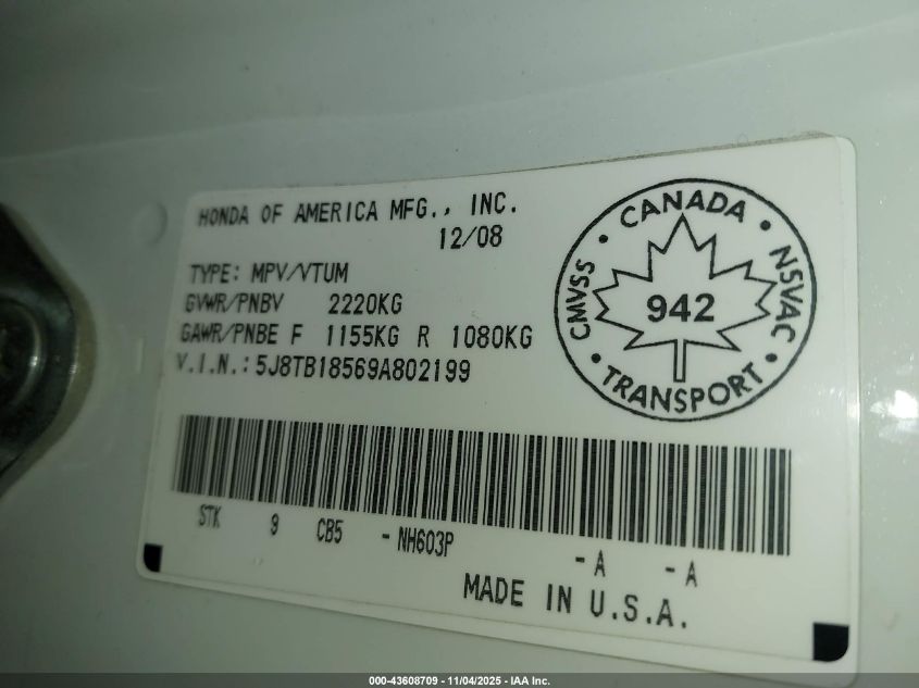 2009 Acura Rdx VIN: 5J8TB18569A802199 Lot: 43608709