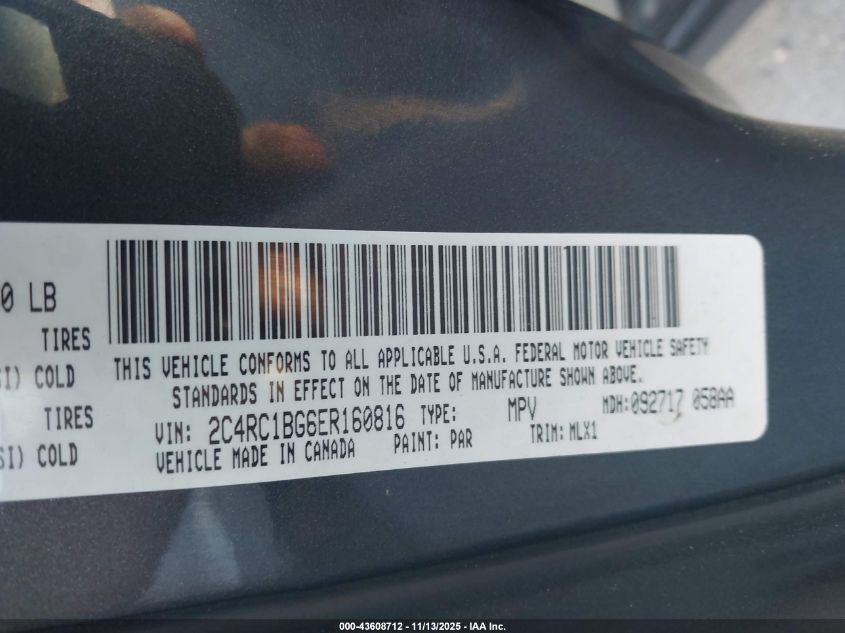 2014 Chrysler Town & Country Touring VIN: 2C4RC1BG6ER160816 Lot: 43608712