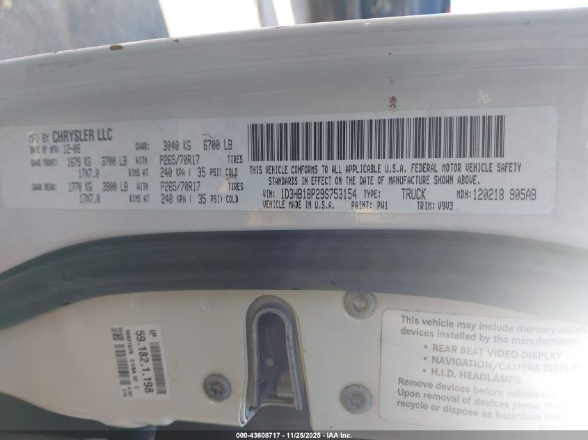 2009 Dodge Ram 1500 Slt/Sport/Trx VIN: 1D3HB18P29S753154 Lot: 43608717