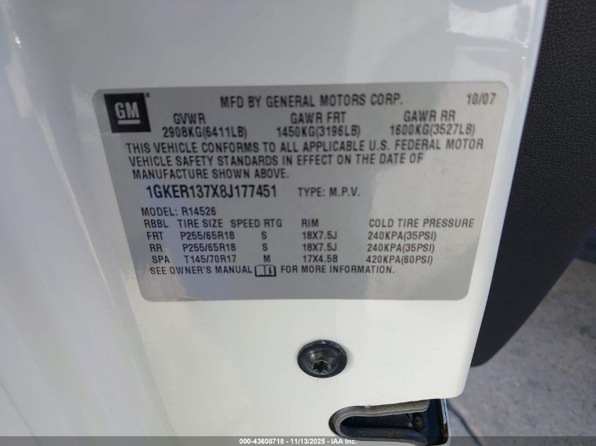 2008 GMC Acadia Sle-1 VIN: 1GKER137X8J177451 Lot: 43608718