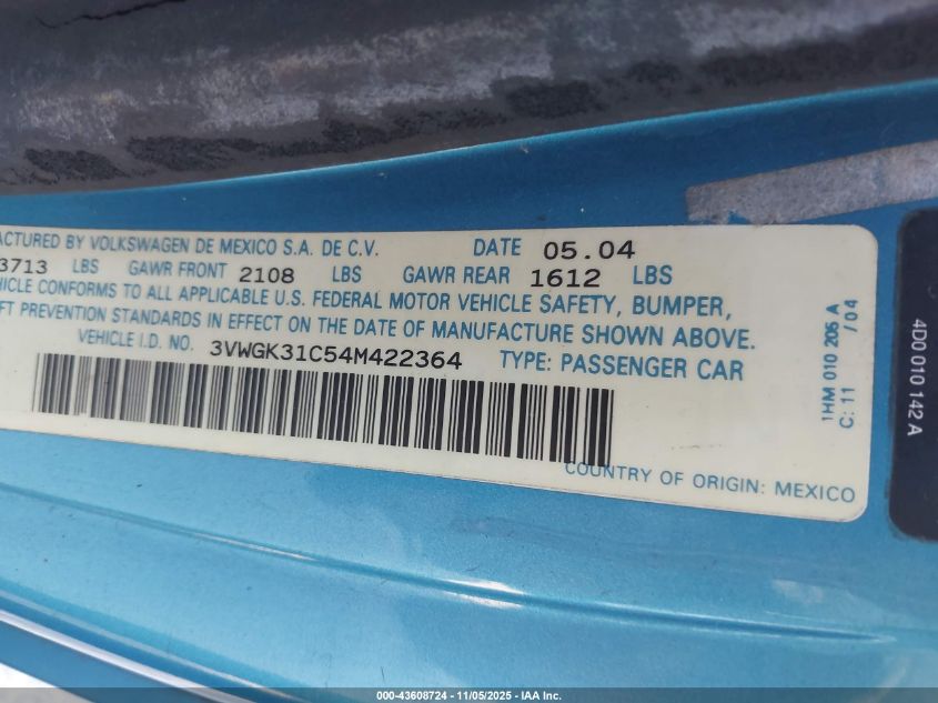 2004 Volkswagen New Beetle Coupe VIN: 3VWGK31C54M422364 Lot: 43608724