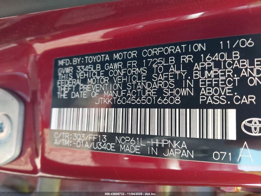 2006 Scion Xa VIN: JTKKT604565016608 Lot: 43608732