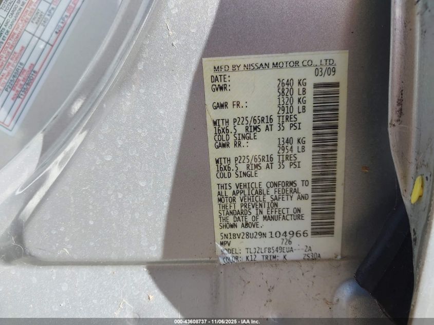 2009 Nissan Quest 3.5 VIN: 5N1BV28U29N104966 Lot: 43608737