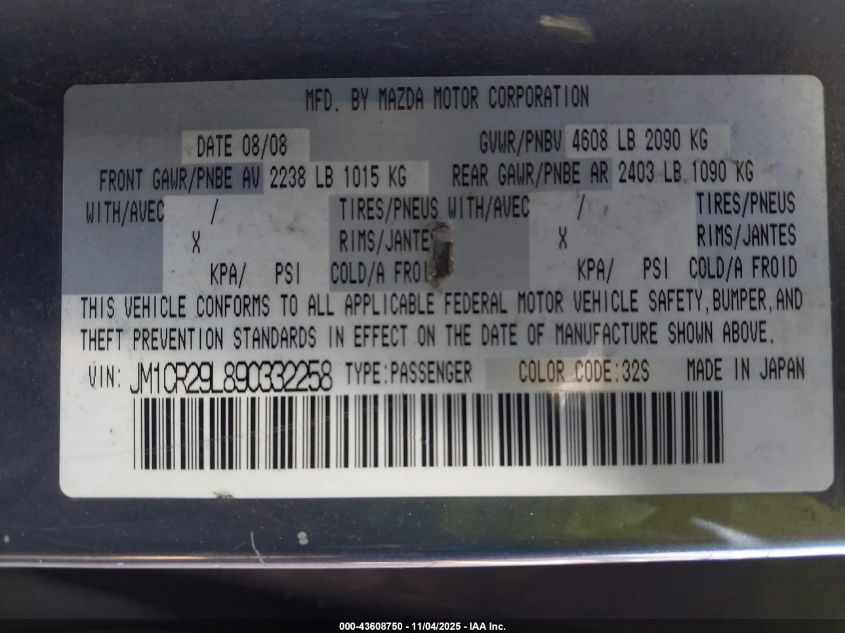 2009 Mazda Mazda5 Sport VIN: JM1CR29L890332258 Lot: 43608750