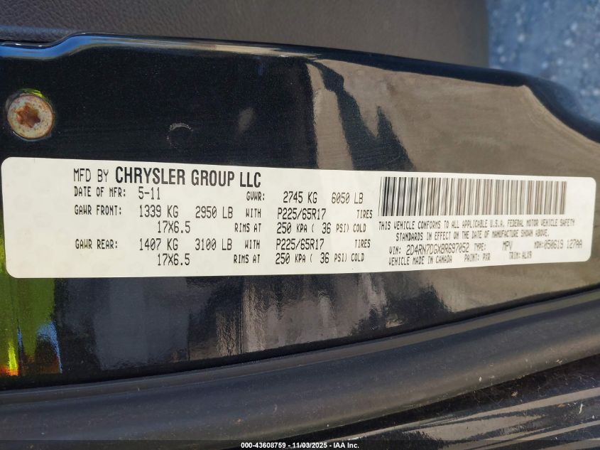 2011 Dodge Grand Caravan R/T VIN: 2D4RN7DGXBR697052 Lot: 43608759