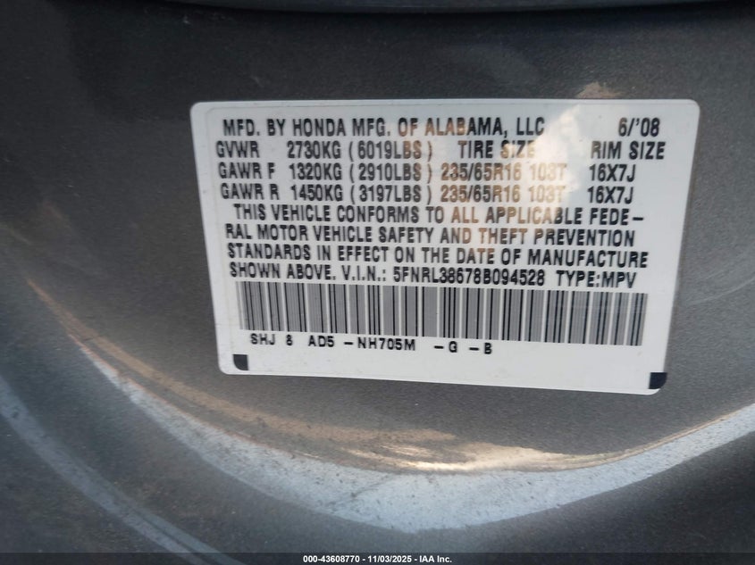 5FNRL38678B094528 2008 HONDA ODYSSEY photo no. 9