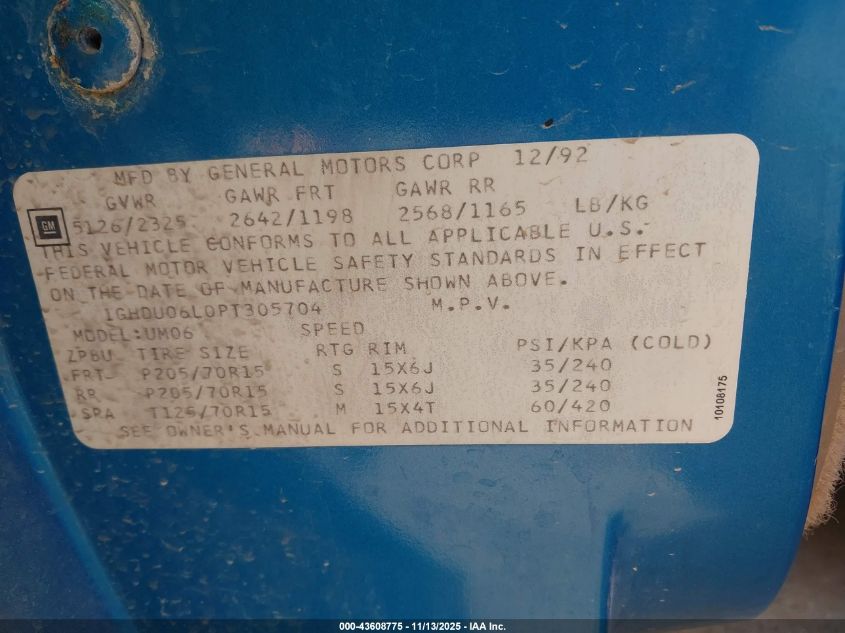 1993 Oldsmobile Silhouette VIN: 1GHDU06L0PT305704 Lot: 43608775