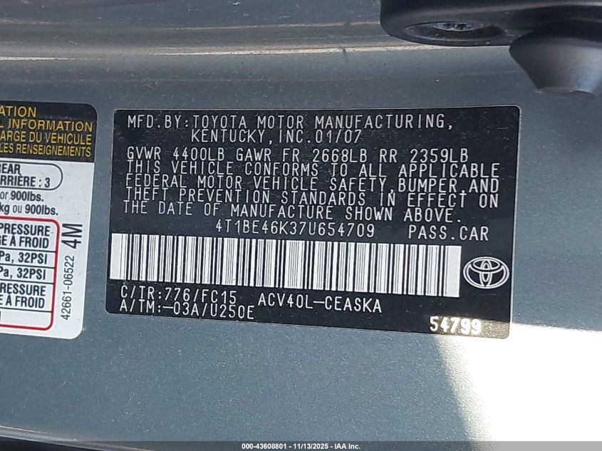 2007 Toyota Camry Se VIN: 4T1BE46K37U654709 Lot: 43608801