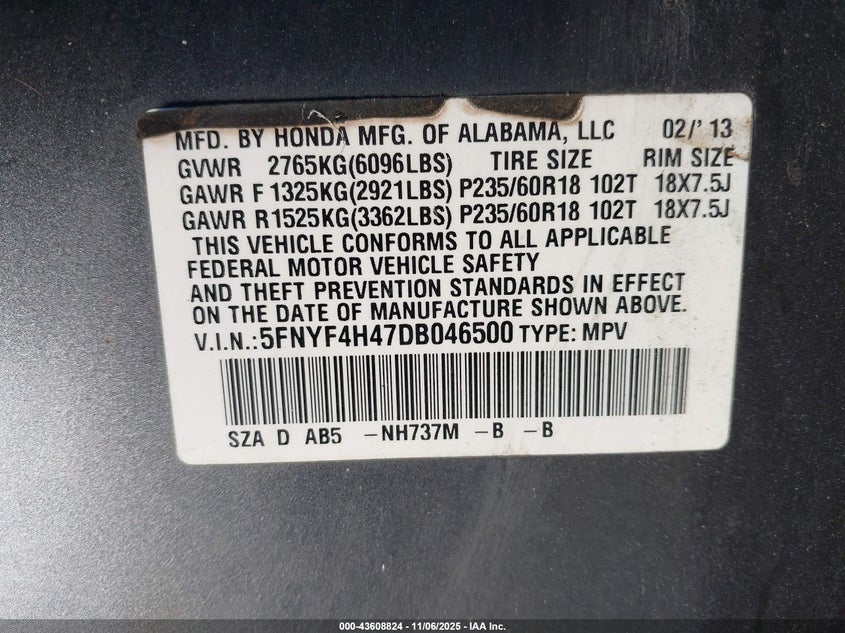 2013 HONDA PILOT EX 5FNYF4H47DB046500