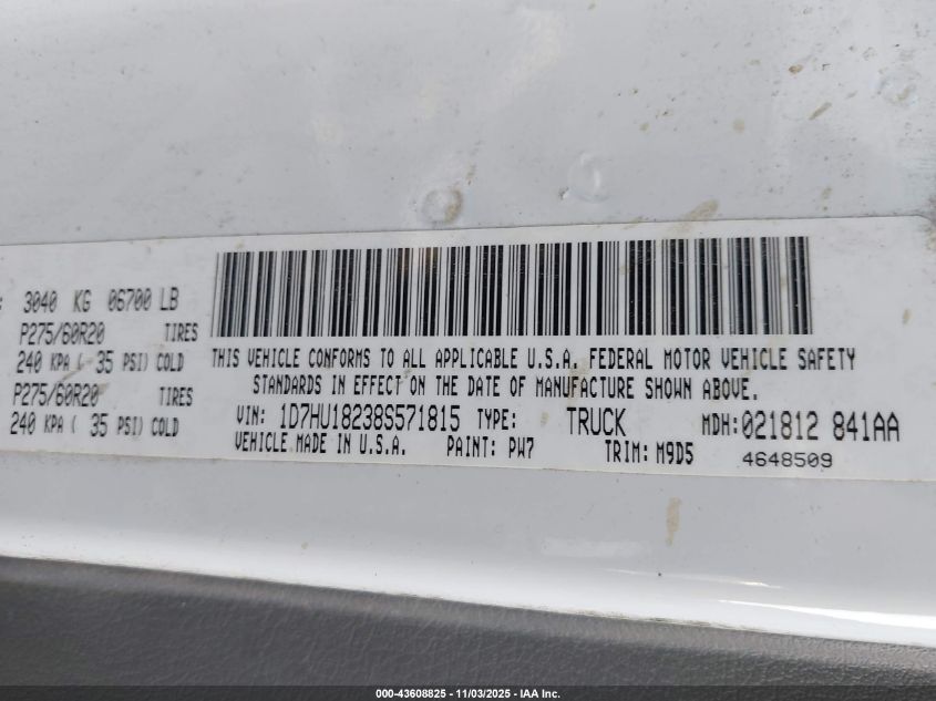 2008 Dodge Ram 1500 Slt VIN: 1D7HU18238S571815 Lot: 43608825
