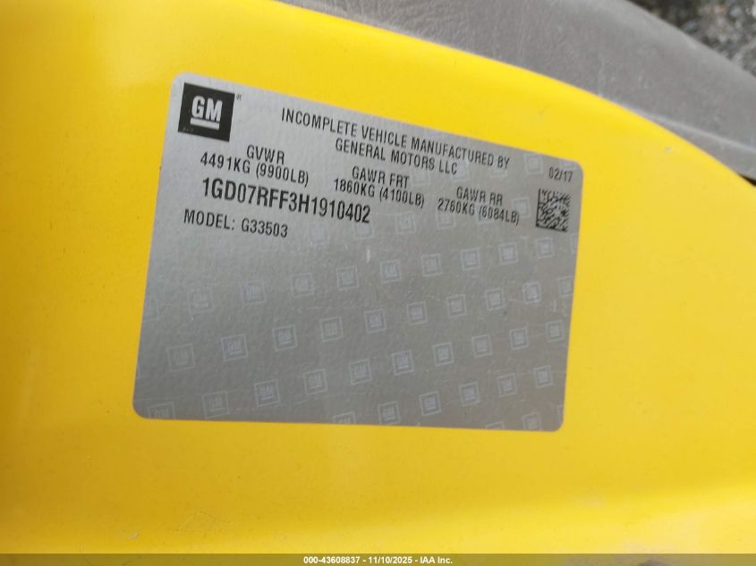 2017 GMC Savana Cutaway Work Van VIN: 1GD07RFF3H1910402 Lot: 43608837