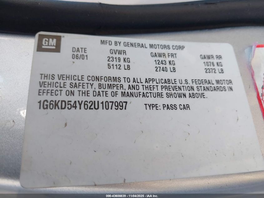 2002 Cadillac Deville Standard VIN: 1G6KD54Y62U107997 Lot: 43608839