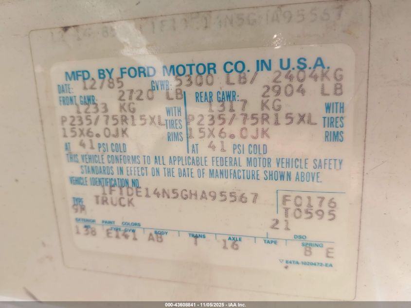 1986 Ford Econoline E150 Van VIN: 1FTDE14N5GHA95567 Lot: 43608841