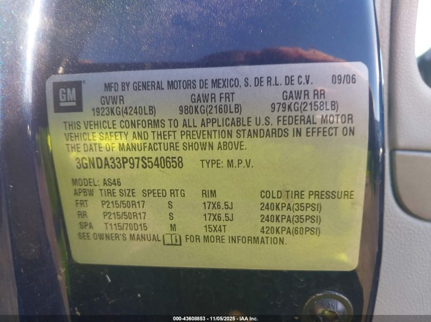 2007 Chevrolet Hhr Lt VIN: 3GNDA33P97S540658 Lot: 43608853