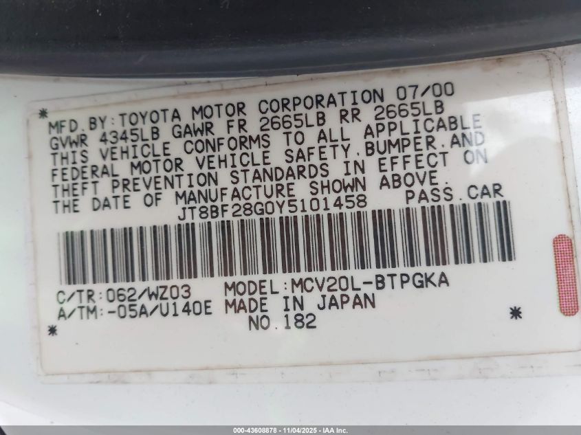 2000 Lexus Es 300 VIN: JT8BF28G0Y5101458 Lot: 43608878