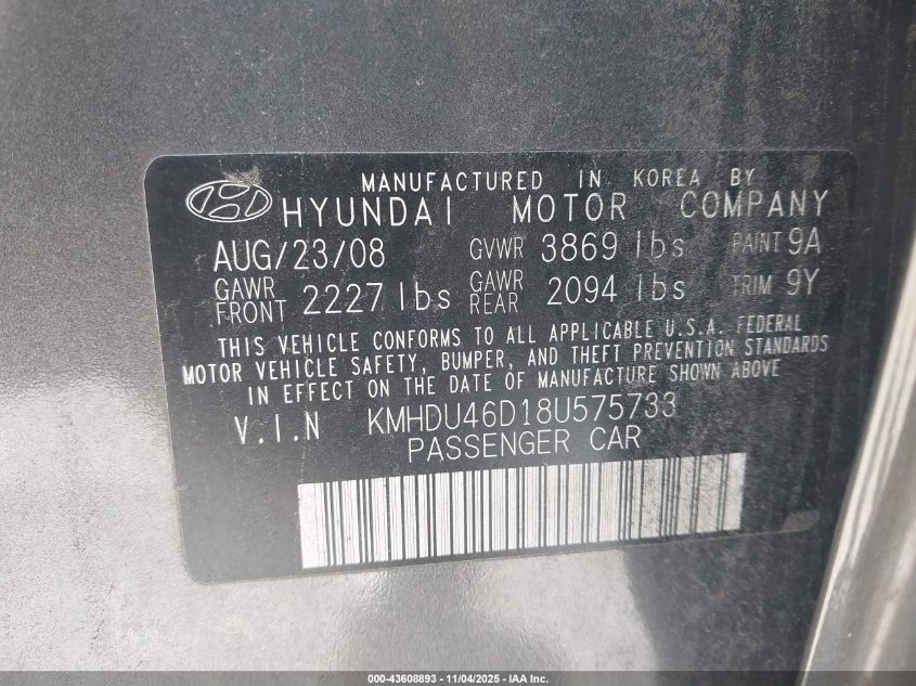 2008 Hyundai Elantra Gls/Se VIN: KMHDU46D18U575733 Lot: 43608893