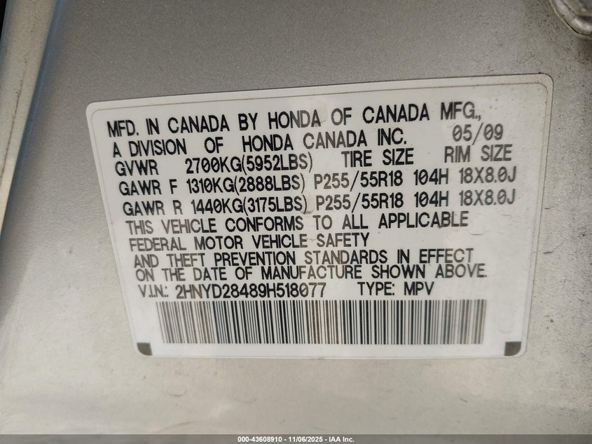 2009 Acura Mdx Technology Package VIN: 2HNYD28489H518077 Lot: 43608910