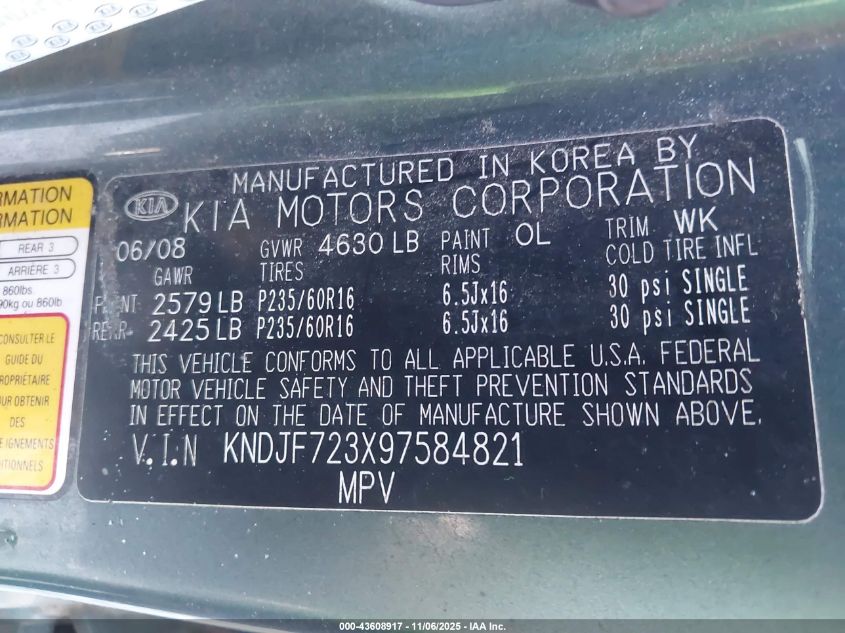 2009 Kia Sportage Ex V6 VIN: KNDJF723X97584821 Lot: 43608917