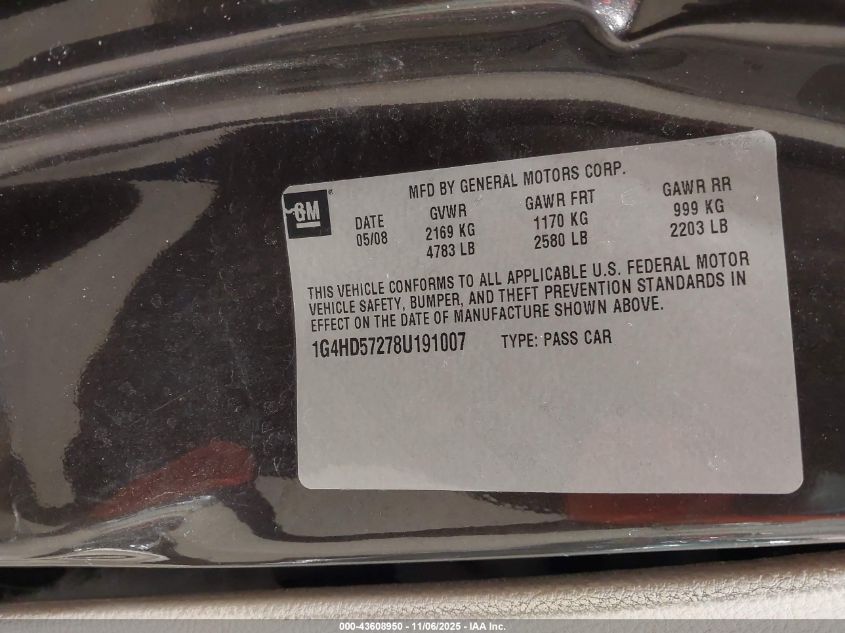 2008 Buick Lucerne Cxl VIN: 1G4HD57278U191007 Lot: 43608950