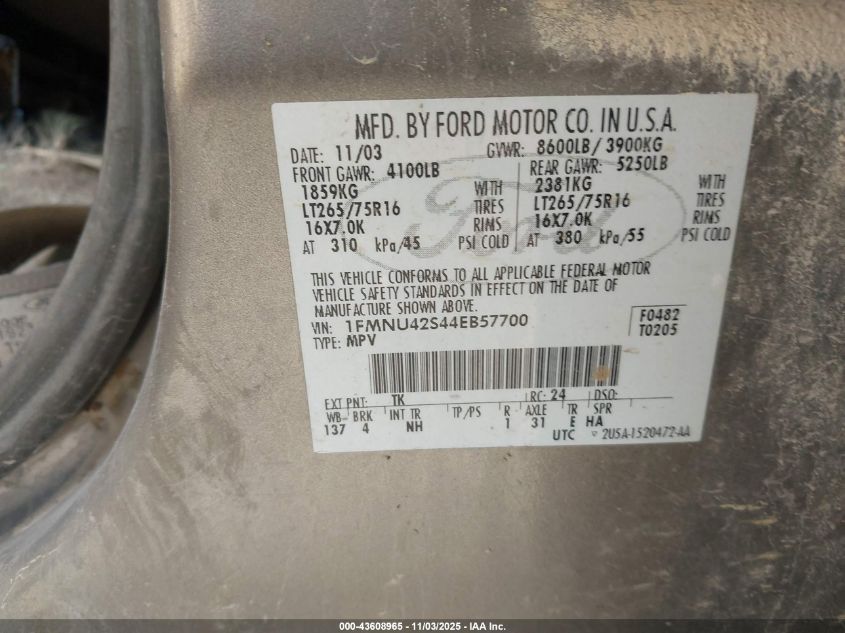 2004 Ford Excursion Limited VIN: 1FMNU42S44EB57700 Lot: 43608965