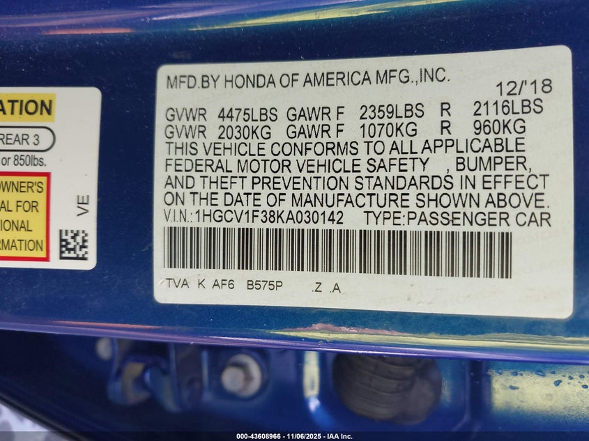 2019 HONDA ACCORD SPORT - 1HGCV1F38KA030142