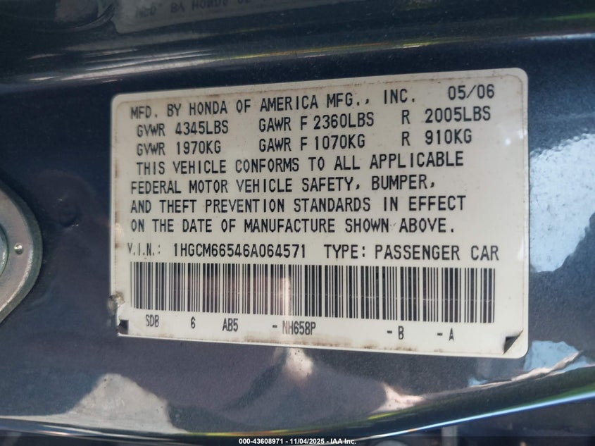 1HGCM66546A064571 2006 HONDA ACCORD photo no. 9